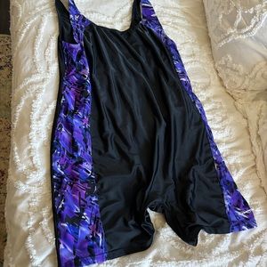 Bathing suit by waterproof unitard black & purple side